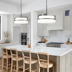 19.7" Black Drum Chandelier,5-Lights Large Drum Pendant Light with White Linen Shade Round Modern Chandeliers for Dining Room Bedroom Kitchen Island Over Table Hanging Ceiling Light Fixtures