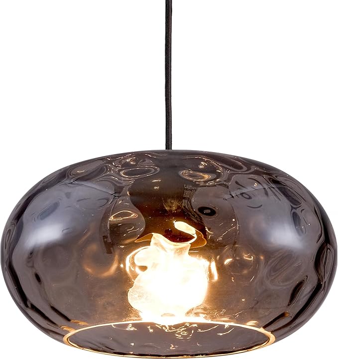Smoked Grey Glass Pendant Lighting, 11" Hammered Lampshade Hanging Lamp, 1-Light Matte Black Chandelier for Dining Living Room Kitchen Island