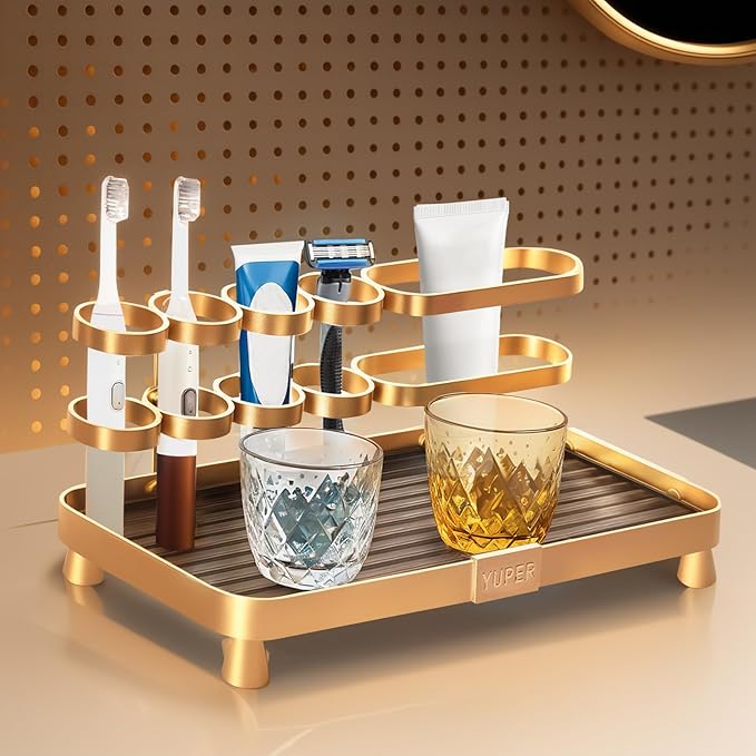 YUPER Bathroom Countertop Organizer, Vanity Organizer With Makeup Brush Holder, Countertop Tray for Skincare, Perfume, Cosmetics, Toothbrush, Toothpaste, Mouthwash