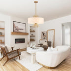 Drum Chandelier, 17.71” Gold Chandelier Farmhouse Pendant Light Fixture 4-Light with White Linen Shade, Adjustable Height Chandeliers for Dining Room Kitchen Living Room Bedroom, UL-Listed