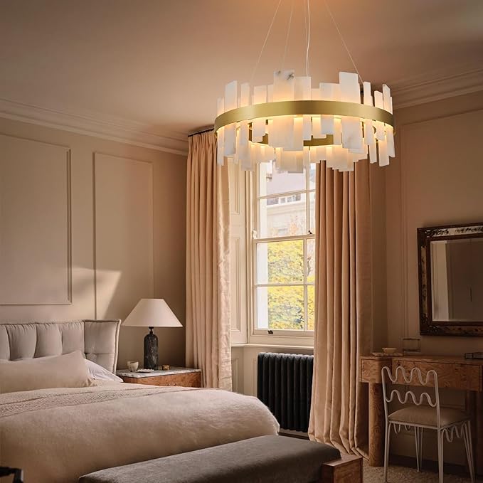 Alabaster Round Chandelier, 32 Inch Natural Spanish Marble Stone Texture Chandeliers, Dimmable Dining Room Chandelier over Table, Modern Luxury Lighting for Living Room, Bedroom, Entryway, Foyer