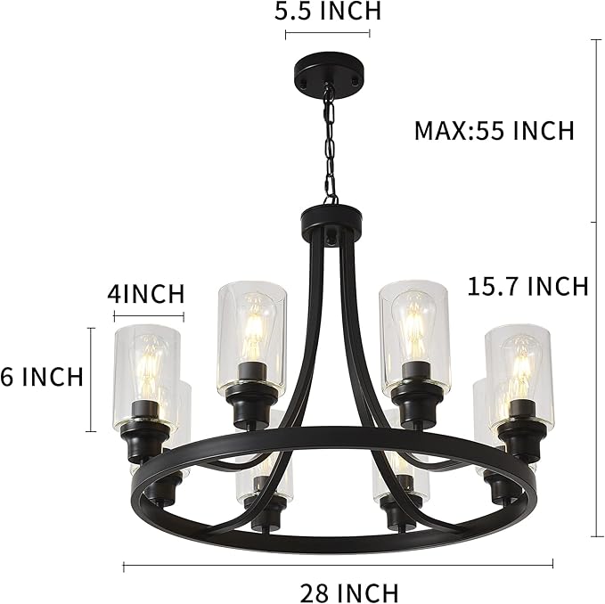 Black Chandelier 8 Lights, Kitchen Island Lighting Industrial Chandelier with Clear Glass Shade, Farmhouse Pendant Light for Dining Room Living Room Bedroom