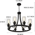 Black Chandelier 8 Lights, Kitchen Island Lighting Industrial Chandelier with Clear Glass Shade, Farmhouse Pendant Light for Dining Room Living Room Bedroom