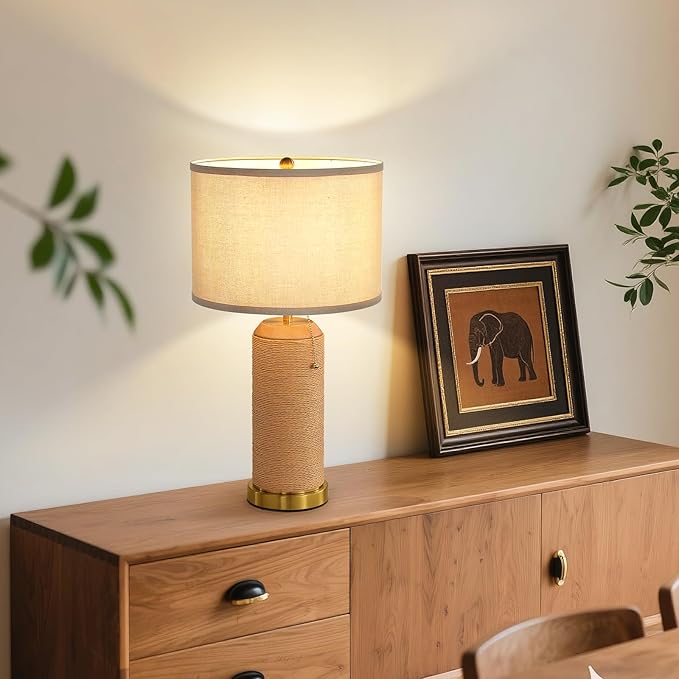 Modern Rattan Table Lamps Set of 2-22.4" Boho Nightstand Bedside Lamp for Bedroom Living Room Vintage End Table Lamps