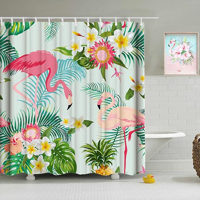 Pink Flamingo Shower Curtain Tropical Floral Leaves Green Summer Shower Curtains for Bathroom Waterproof Polyester Fabric Bath Curtain 72 x 72 Inch with 12 Plastic Hooks