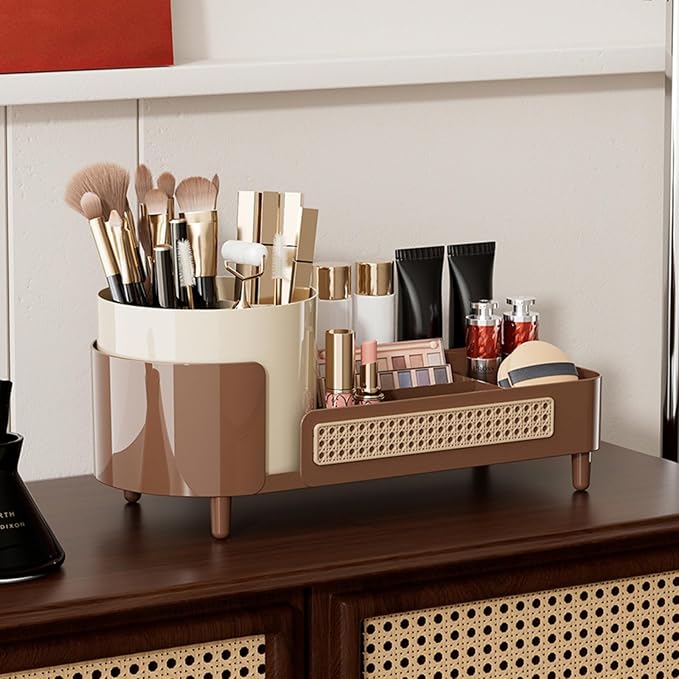 Rotating Makeup Organizer Countertop,Large Capacity Makeup Organizers for Vanity,2 in 1 makeup storage organizer for Bathrooms,Cosmetic Display Case (Coffee)