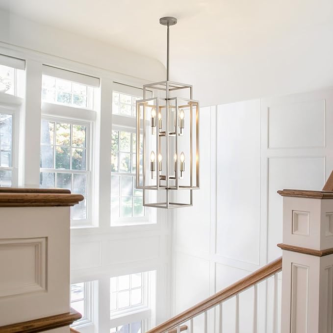 Sliver Foyer Chandelier High Ceiling: Modern 8-Light Farmhouse Lantern Chandeliers for Entryway Industrial Large Pendant Light Fixtures for Entry Staircase Hallway Dining Room Kitchen Island
