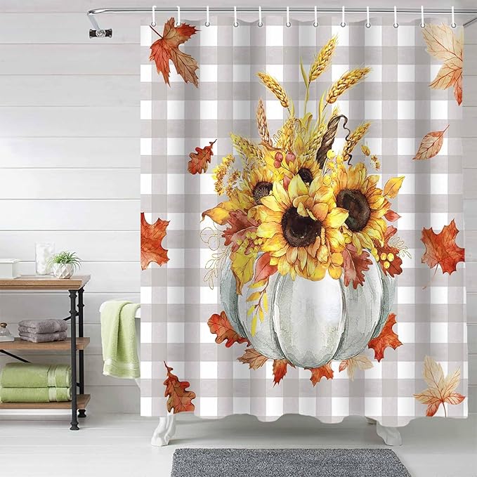 Vandarllin Fall Pumpkins Leaves Shower Curtain, Thanksgiving Shower Curtains Set with Hooks, Rustic Farmhouse Gray Buffalo Plaid Waterproof Fabric Bathroom Decor Home Accessories,72 X 72 Inch Long
