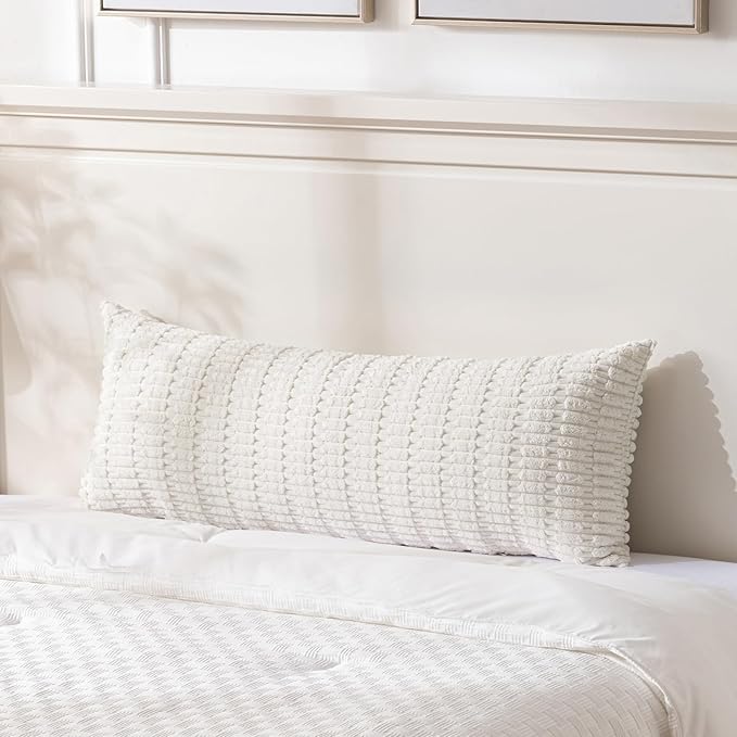 Fancy Homi Cream Boho Long Body Lumbar Decorative Throw Pillow Cover 14x36 Inch for Bed Couch Bedroom Bench, Soft Corduroy Rectangle Solid Pillow Case 35x91 cm, Rustic Farmhouse Room Decor