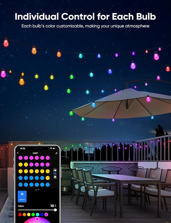 APPECK Smart Outdoor String Lights, 50ft RGBW Outdoor Patio Lights with 15 LED Bulbs, Extendable, 111 Scene Modes, IP65 Waterproof Lighting for Outside, Halloween Decor, Works with Alexa