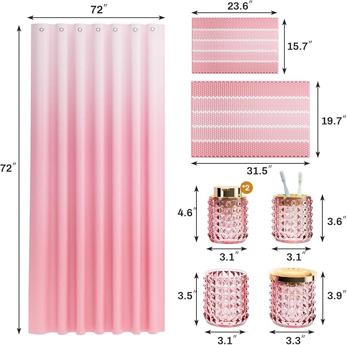 Bathroom Sets with Shower Curtain and Rugs and Accessories, Glass Bathroom Accessories Set Pink Bathroom Set Bathroom Sets, Pink Bath Mat and Diamond Soap Dispenser for Bathroom Decor