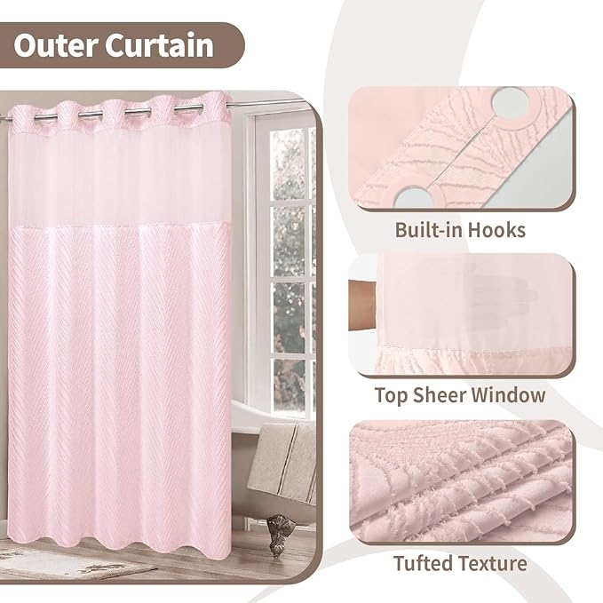 no Hook Shower Curtain and Liner Set，Boho Style with See Through Top Window, Pink Fabric Tufted Striped Textured Outer Curtain & Waterproof Inner Liner, Pink, 71Wx80H