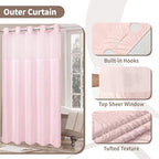 no Hook Shower Curtain and Liner Set，Boho Style with See Through Top Window, Pink Fabric Tufted Striped Textured Outer Curtain & Waterproof Inner Liner, Pink, 71Wx80H