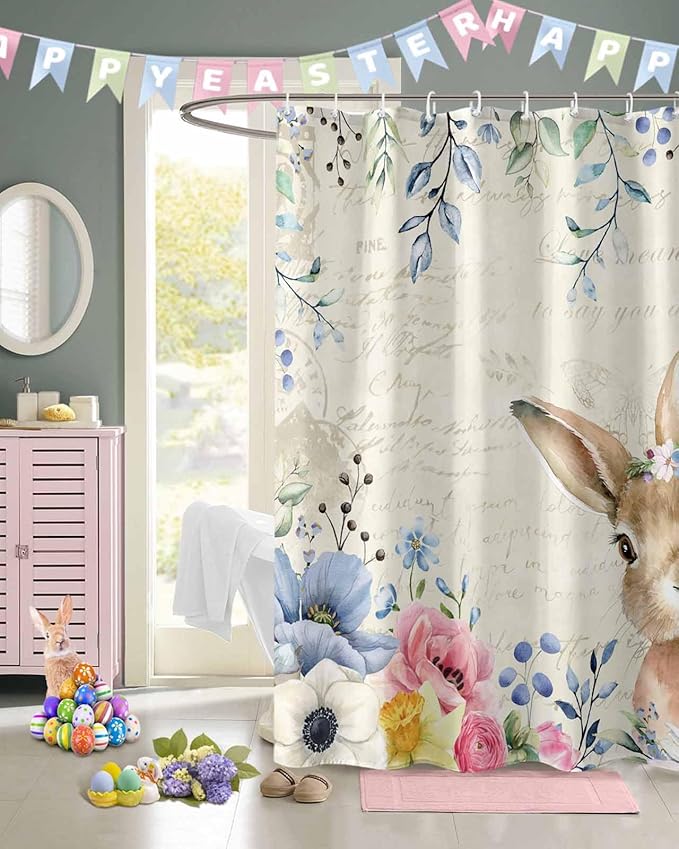 Vandarllin Spring Easter Shower Curtain, Floral Bunny Shower Curtains Set with Hooks, Flower Leaves Rabbit Waterproof Fabric Bathroom Curtains Decor Accessories,72 X 84 Inch Extra Long