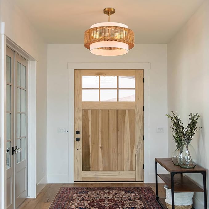19.7" Rattan Chandelier with Linen Modern Boho Hand Woven Bamboo Chandelier Light Fixture Retro Farmhouse Drum Wicker Rattan Golden Chandeliers for Dining Room, Kitchen, Living Room,Foyer