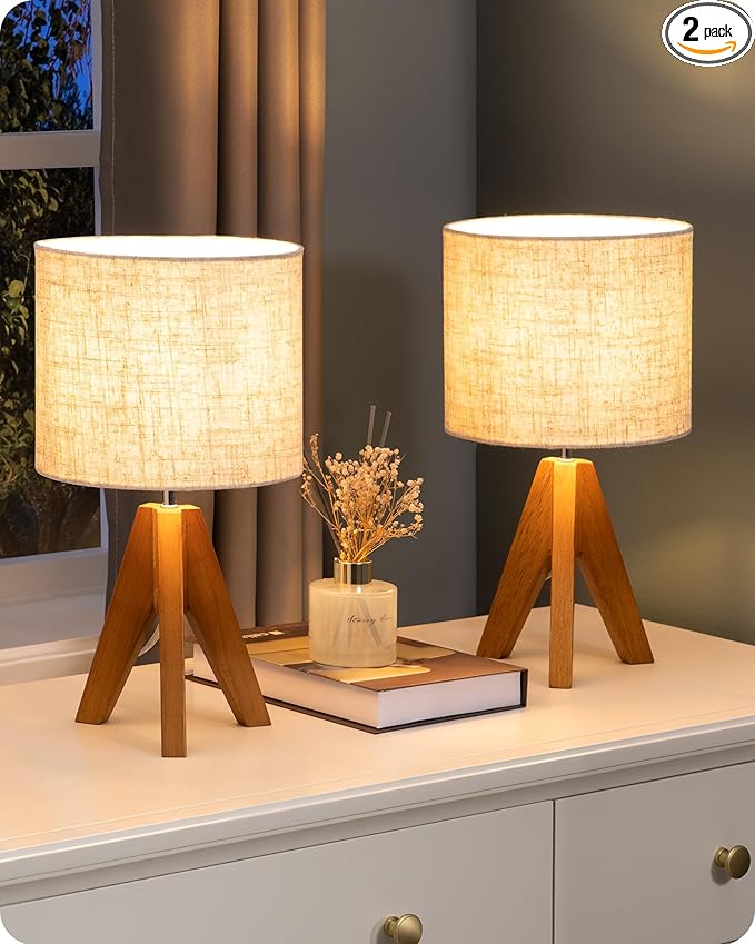 EDISHINE Small Table Lamp, Wooden Tripod Bedside Lamp with Linen Fabric Lampshade, 14.2" Nightstand Lamp for Bedroom, Living Room, Office, 2 Pack