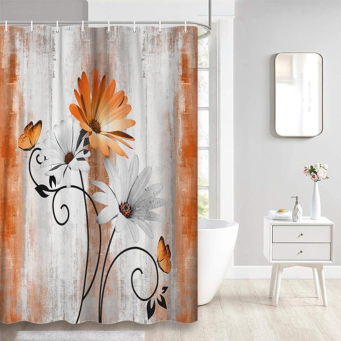 Rustic Farmhouse Shower Curtain, Farm Orange Daisy Floral Fall Flowers and Butterfly on Country Wooden Autumn Shower Curtain for Bathroom, Yellow Grey Gray Red Gold Curtain with 12PCS Hooks, 47X70IN