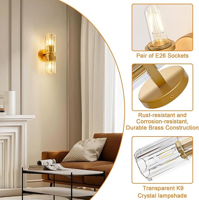 Gold Crystal Wall Sconces Set of Two, Wall Sconce Set of 2, Brass Sconces Wall Lighting with K9 Crystal Lampshade, Wall Lights for Bedroom Living Room Bathroom Hallway