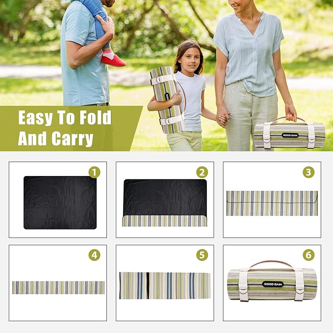 G GOOD GAIN Waterproof Picnic Blanket Portable with Carry Strap for Beach Mat or Family Outdoor Camping Party（Chartreuse）