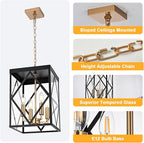 4-Light Outdoor Pendant Lights for Porch 15.7'' Outdoor Chandelier Black & Brushed Brass Exterior Hanging Porch Light Fixtures w/Clear Glass, Waterproof Outside Pendant Lantern for Front Door