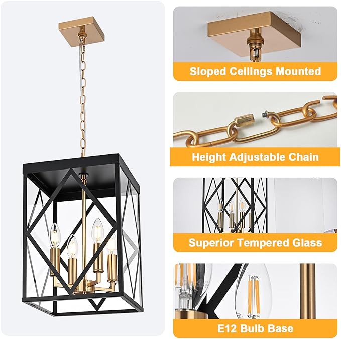 4-Light Outdoor Pendant Lights for Porch 15.7'' Outdoor Chandelier Black & Brushed Brass Exterior Hanging Porch Light Fixtures w/Clear Glass, Waterproof Outside Pendant Lantern for Front Door