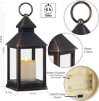 Vintage Golden Brushed Black Lantern Decorative LED Flickering Flameless Candle with Timer, Battery Powered LED Decorative Hanging Lanterns for Indoor Outdoor Garden Yard Home Decor(1 Pack)