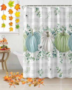 Fall Thanksgiving Shower Curtain, Autumn Pumpkins Eucalyptus Leaves Shower Curtains Set with Hooks, White Blue Green Gray Plaid Waterproof Fabric Bathroom Curtains Decor Accessories,72X 96 Extra Long