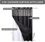 Furlinic No Hook Hotel Shower Curtain with Detachable Liner,Heavy Duty Waffle Weave Textured Fabric Bathroom Curtain with See Through Window,Waterproof & Machine Washable,Black,71x78 Inch