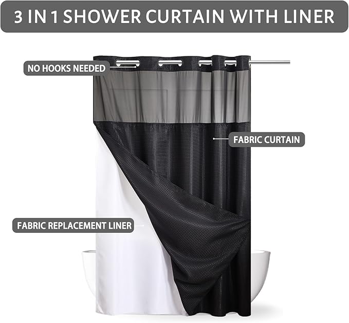 No Hook Waffle Weave Shower Curtain with Snap in Liner Set,Heavy Duty Fabric Textured Bathroom Curtain with Sheer Window,Waterproof & Machine Washable,Black,Stall Size 54x80 Inch