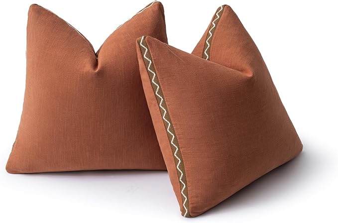 Decorative Neutral Linen Throw Pillow Covers 20x20 Inch Set of 2, Burnt Orange Boho Farmhouse Pillow Covers with Braid Fringe for Sofa Bed Modern Couch Pillow Cases for Organic Home Decor
