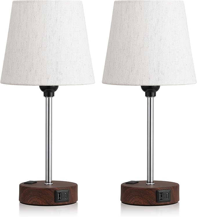 Reddish Brown Bedside Lamps Set of 2 - Nightstand Bedroom Lamp with USB C Port and AC Outlet Charging, 3 Way Dimmable Touch Control Small Bed Side Table Lamp, Nightstand Light