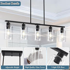 Black Linear Chandelier for Kitchen Island - 5 Light Pendant Lighting Fixture with Glass Shades, Adjustable Height Farmhouse Dining Room Hanging Light