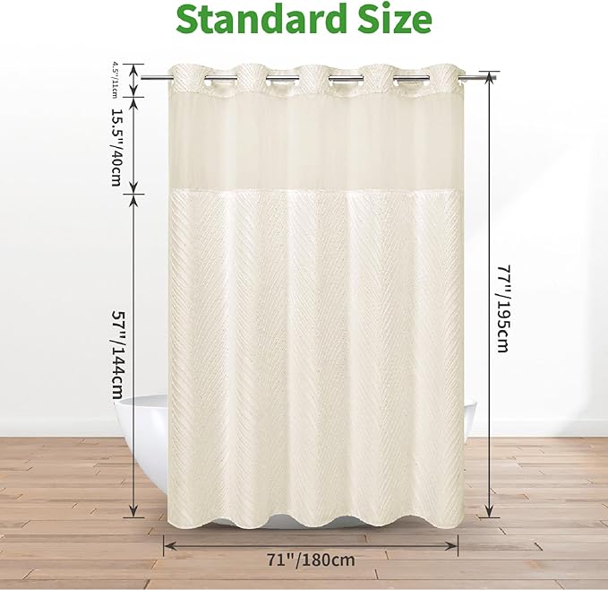 no Hook Shower Curtain and Liner Set，Boho Style with See Through Top Window, Cream Fabric Tufted Striped Textured Outer Curtain & Waterproof Inner Liner, Beige/Cream, 71Wx77H