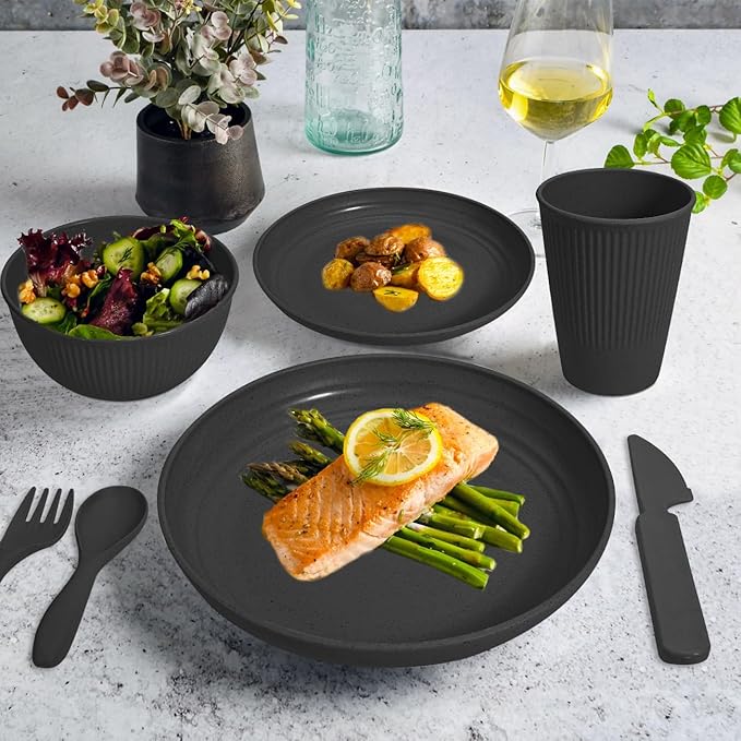 Wheat Straw Dinnerware Sets for 6 (42pcs), SGAOFIEE Unbreakable Dinnerware Set, Kitchen Plates and Bowls Set, Unbreakable Plastic Outdoor Camping Dishes, Dishwasher Microwave Safe, Black
