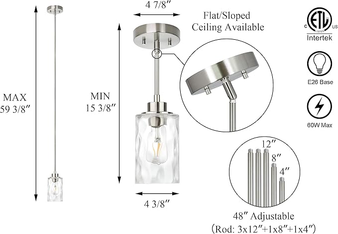 XiNBEi Lighting Mini Pendant Light 1 Light Glass Pendant Lighting, Modern Adjustable Kitchen Hanging Light Brushed Nickel Finish XB-P1227-BN