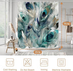 Vintage Peacock Feathers Theme Bathroom Bathtubs Fabric Shower Curtain Watercolor Peafowl Feather Shower Curtain Set with 12 Hooks 72x78 inch Polyester Machine Washable, Blue Grey and White