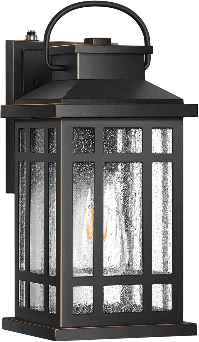 Exterior Lighting Fixtures, Black Porch Lights Outdoor with Gold Trim, Dusk to Dawn Porch Light with Seeded Glass, Aluminum Anti-Rust Waterproof Outdoor Wall Lantern for Houae, Garage, Doorway