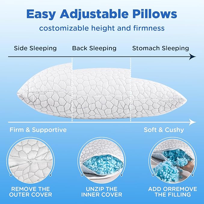 SUPA MODERN Cooling Pillows for Side Sleepers, Cool Side Sleeper Pillow for Neck Pain Relief, Luxury Shredded Memory Foam Pillows 2 Pack, Adjustable Gel Cervical Neck Pillow Queen Size Set of 2