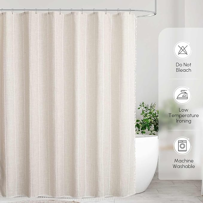 WELTRXE Boho Shower Curtain, Modern Farmhouse Shower Curtain Set with Tassels, Rustic Bathroom Decor, Heavy Duty Fabric Water Repellent with Hook, Beige/Cream, 72x72 Inches