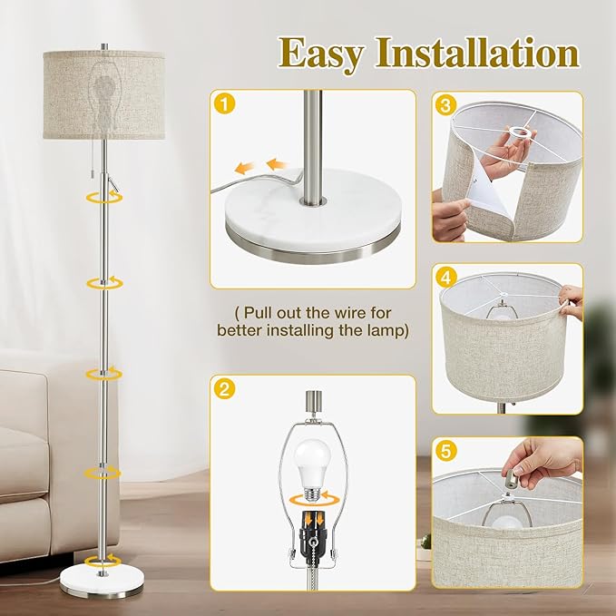GyroVu Marble Floor Lamp, Adjustable Height Standing Lamp with Marble Base Tall Lamp with Pull Chain Switch Floor Lamps for Living Room, Bedroom & Office Bulbs Not Included(Silver)