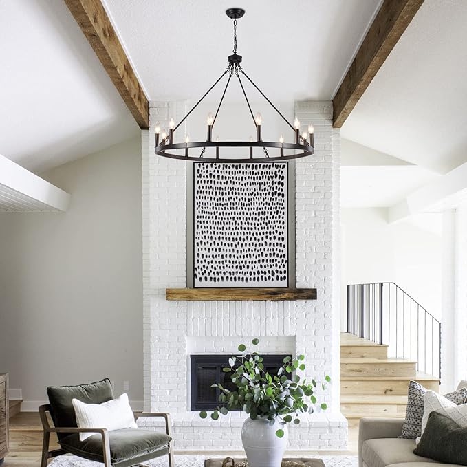 Black Wagon Wheel Chandelier 12-Light Farmhouse Chandelier for Living Room 38" Round Rustic Industrial Hanging Light Fixture for Dining Room Foyer Hallway Kitchen Island