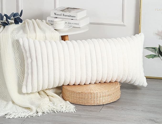 PANOD Faux Fur Decorative Lumbar Throw Pillow Covers 14 x 36,Plush Long Boho Lumbar Pillow Covers Pillow Case Cushion Case for Bed Sofa Farmhouse Livingroom,White