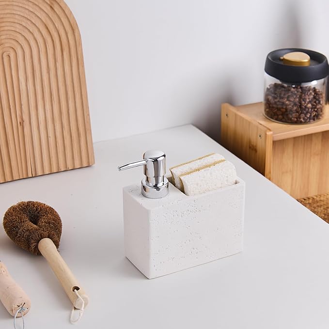 White Travertine Soap Dispenser with Sponge & Brush Holder – Hand & Dish Resin Soap Pump Bottle for Kitchen & Bathroom, 2-in-1 Countertop Organizer, with 2 Natural Sponges (Luxury Home Decor)