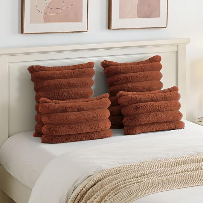 FUTEI Rust Decorative Throw Pillow Covers 12x20 Inch Set of 2, Square Soft Faux Rabbit Fur Big Striped Cushion Cover,Home Decor for Couch Sofa Bed Living Room