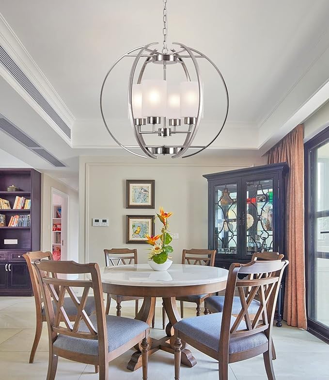 BOZO Brushed Nickel Chandelier Dining Room Lighting Fixtures Modern Foyer 24" Orb Chandeliers 4 Light Hanging Pendant Ceiling Lighting Frosted Glass Shades