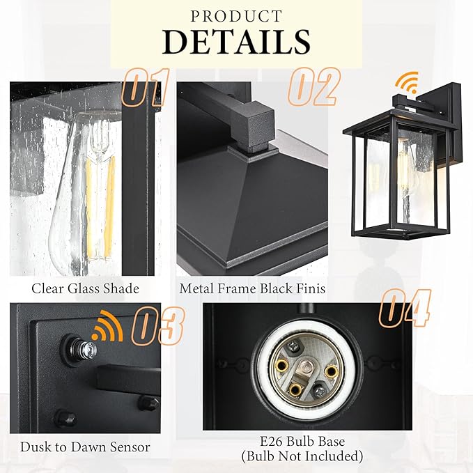 Outdoor Wall Lights Dusk to Dawn Porch Lights Outdoor Wall Sconce Dusk to Dawn Porch Light Fixture Aluminum Waterproof Farmhouse Sconces for Outside Patio House 2 Pack