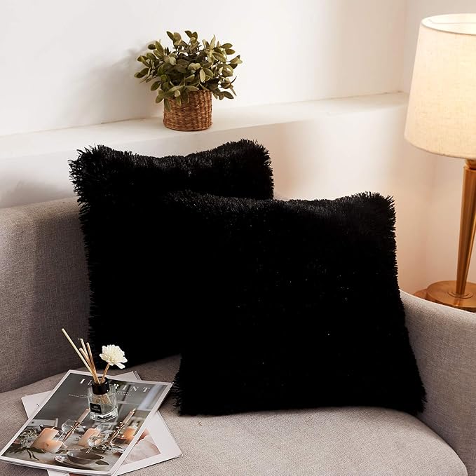 XeGe Faux Fur Throw Pillow Covers, Shaggy Fluffy Cushion Covers, Plush Furry Pillow Cases, Fuzzy Decorative Pillow Shams with Zipper Set of 2 for Sofa Bed Couch Living Room (18''x18'', Black)