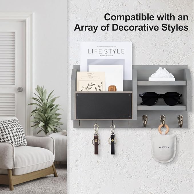 Mail and Key Holder – Wall Mount Key Hanger with Shelf and 7 Metal Hooks – Decorative Natural Paulownia Wood Entryway Organizer with Mounting Hardware (16.5”W x 8.7”H x 3.5”D) (Gray)