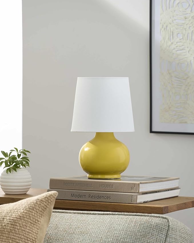 BoutiqueRugs Navarro Boho Ceramic Bedside Table Lamp for Bedroom Nightstand and Living Room - Shade Cotton - White, Yellow, Mustard - 13" H