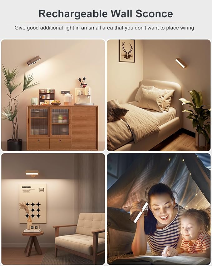 Battery Operated Wall Sconce with Remote Control, Rechargeable Wall Lights for Bedroom,Wood Wall Light Dimmable,Cordless Wall Mount Lamp with 3Color Temperature for Bedroom,Bedside Reading